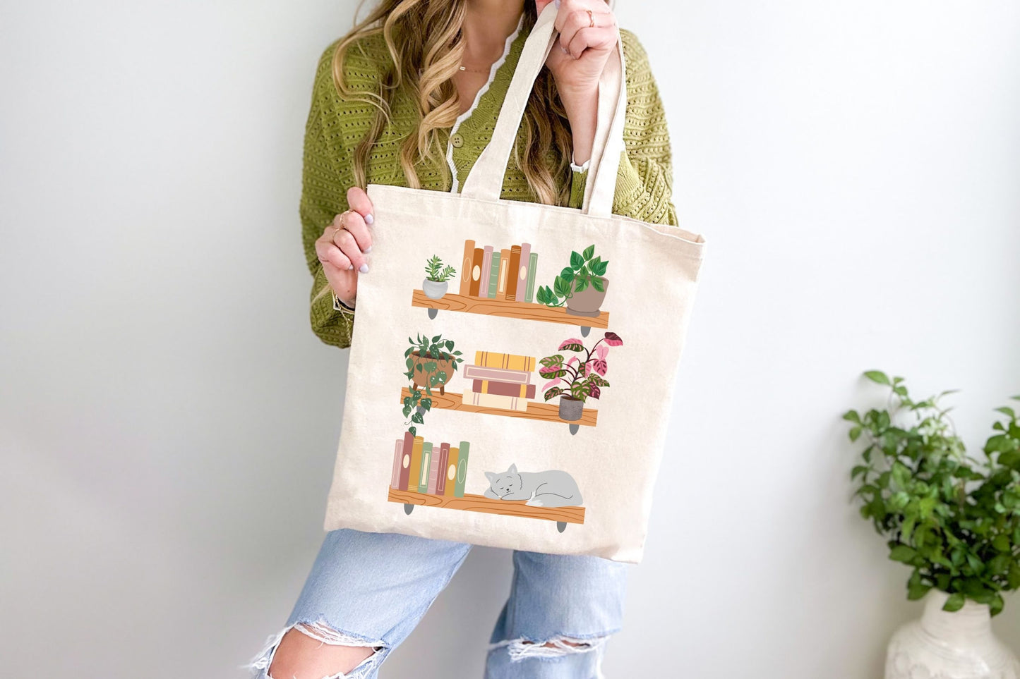 Books & Cats Tote Bag for Plant Lovers