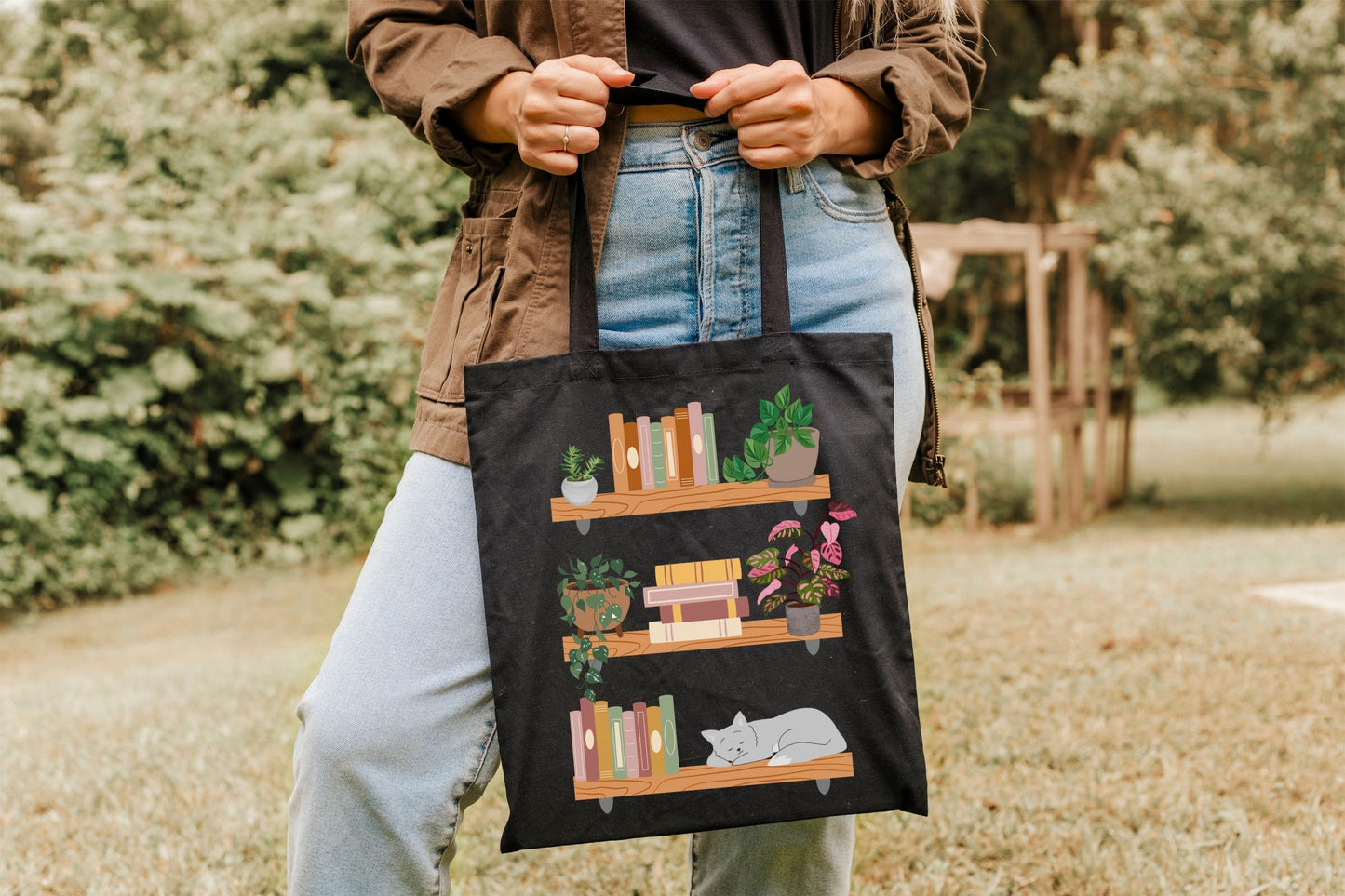 Books & Cats Tote Bag for Plant Lovers