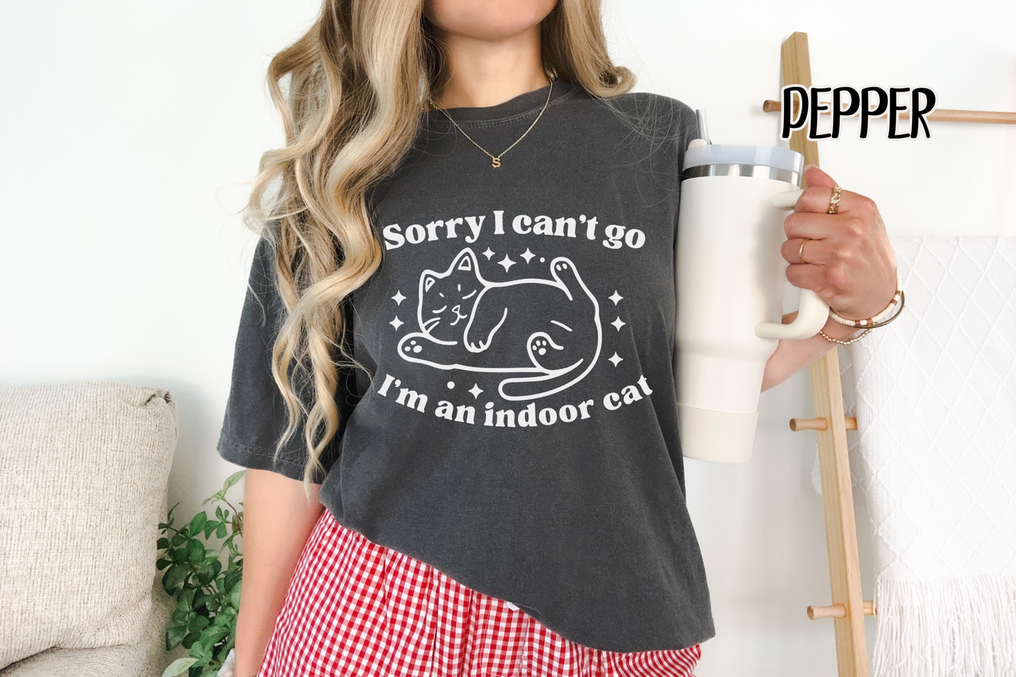 Indoor Cat Shirt Funny Introvert Clothing Comfort Colors Tee Sleeping Cat Design Star Graphic Detail Humorous Text Print Cat Lover Gift Homebody Present Perfect Birthday Gift Casual Wear Option Multiple Color Choices Soft Fabric Quality DTG