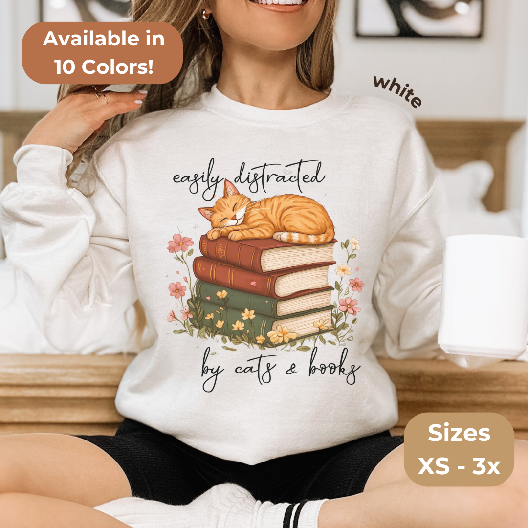 Literary Apparel Collection Cat Book Sweatshirt Reading Enthusiast Pullover Bibliophile Clothing Design Orange Tabby Character Book Stack Illustration Comfortable Cotton Blend Cozy Reader Outfit Winter Loungewear Option Book Club Essential
