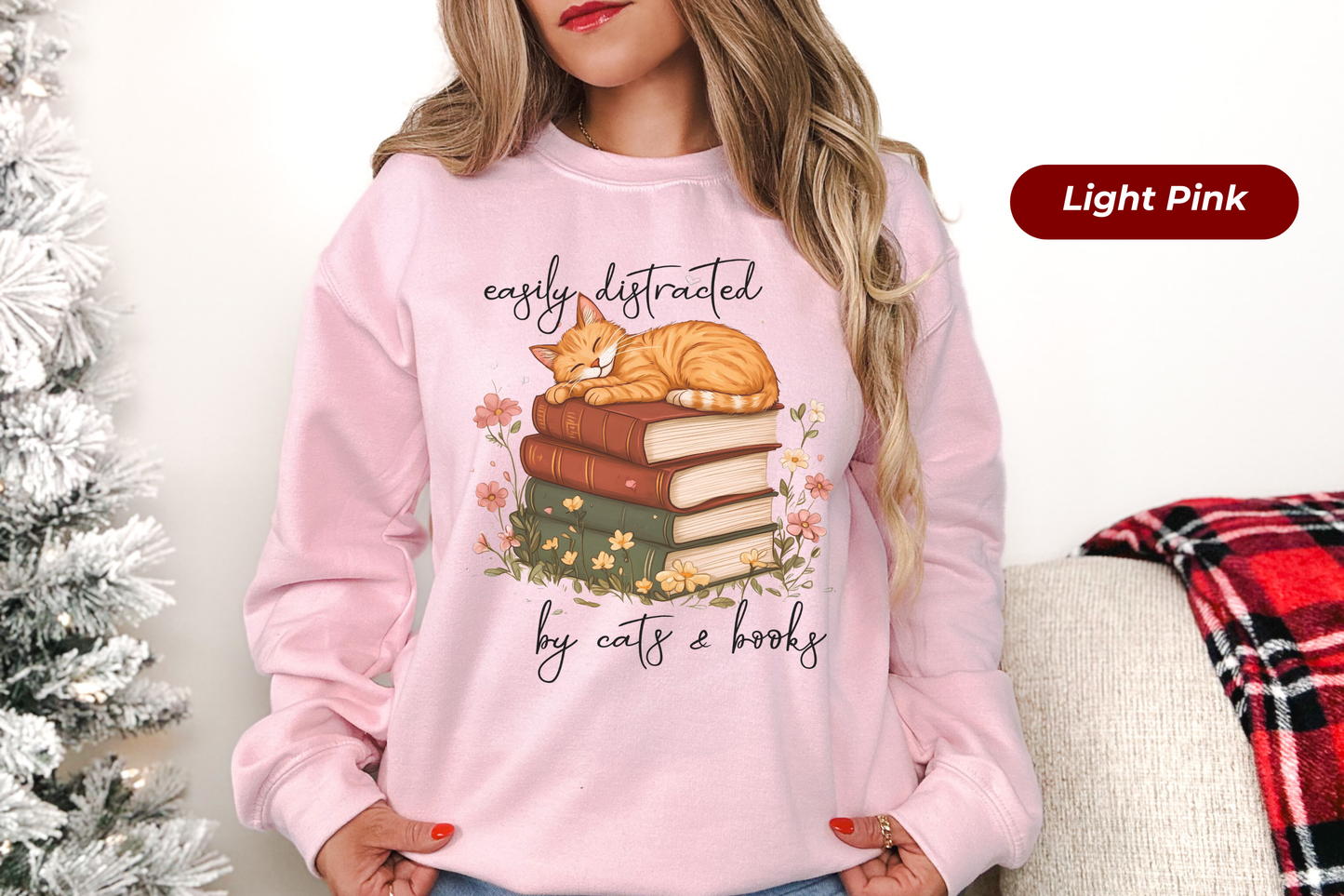 Orange Tabby Illustration Book Stack Design Cat Lover Sweatshirt Reading Enthusiast Pullover Bibliophile Clothing Collection Literary Themed Apparel Comfortable Cotton Blend Cozy Winter Wear Casual Reader Outfit Bookworm Gift Idea Perfect