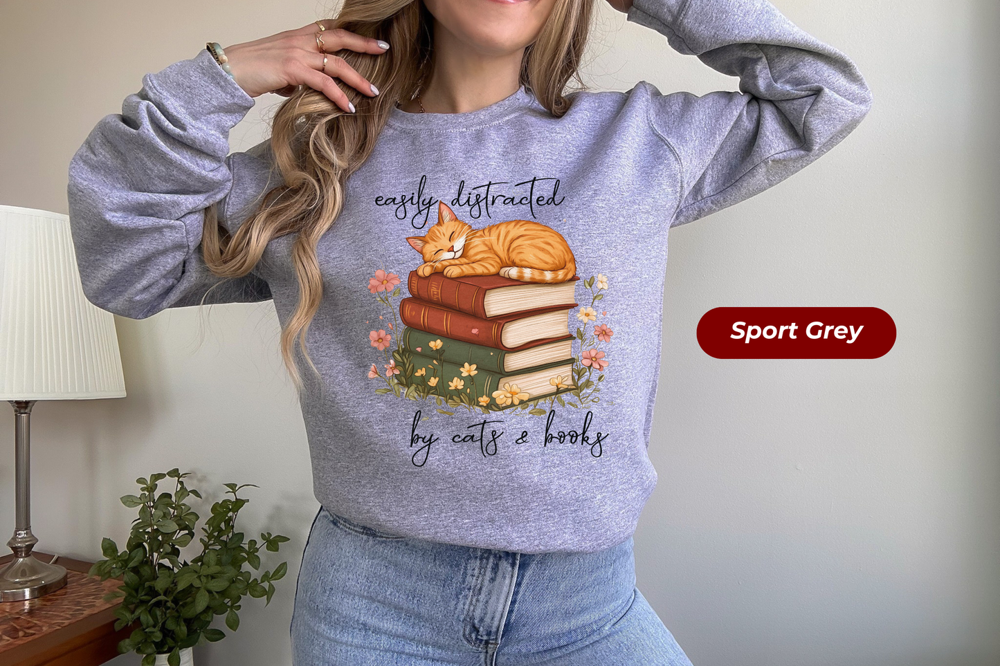 Reading Cat Pullover Book Lover Gift Bibliophile Clothing Collection Literary Themed Apparel Bookworm Design Comfortable Cotton Blend Sweatshirt Cozy Reader Outfit Orange Tabby Illustration Book Stack Design Winter Casual Wear Perfect