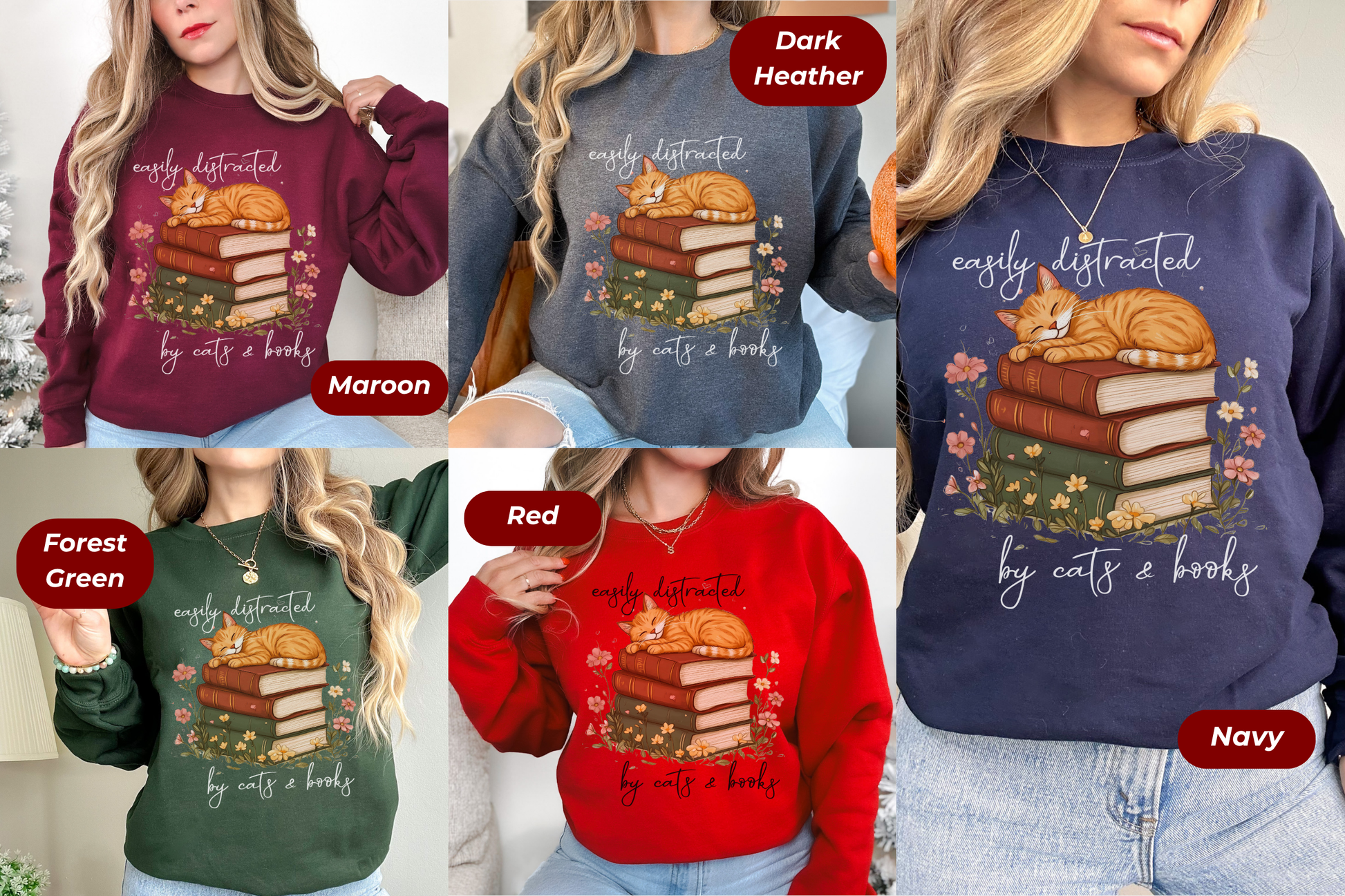 Comfortable Cat Sweatshirt Book Themed Pullover Cotton Polyester Blend Seamless Sides Construction Ribbed Collar Design Double Stitched Quality Literary Apparel Collection Cozy Reader Clothing Orange Tabby Illustration Book Lover Gift