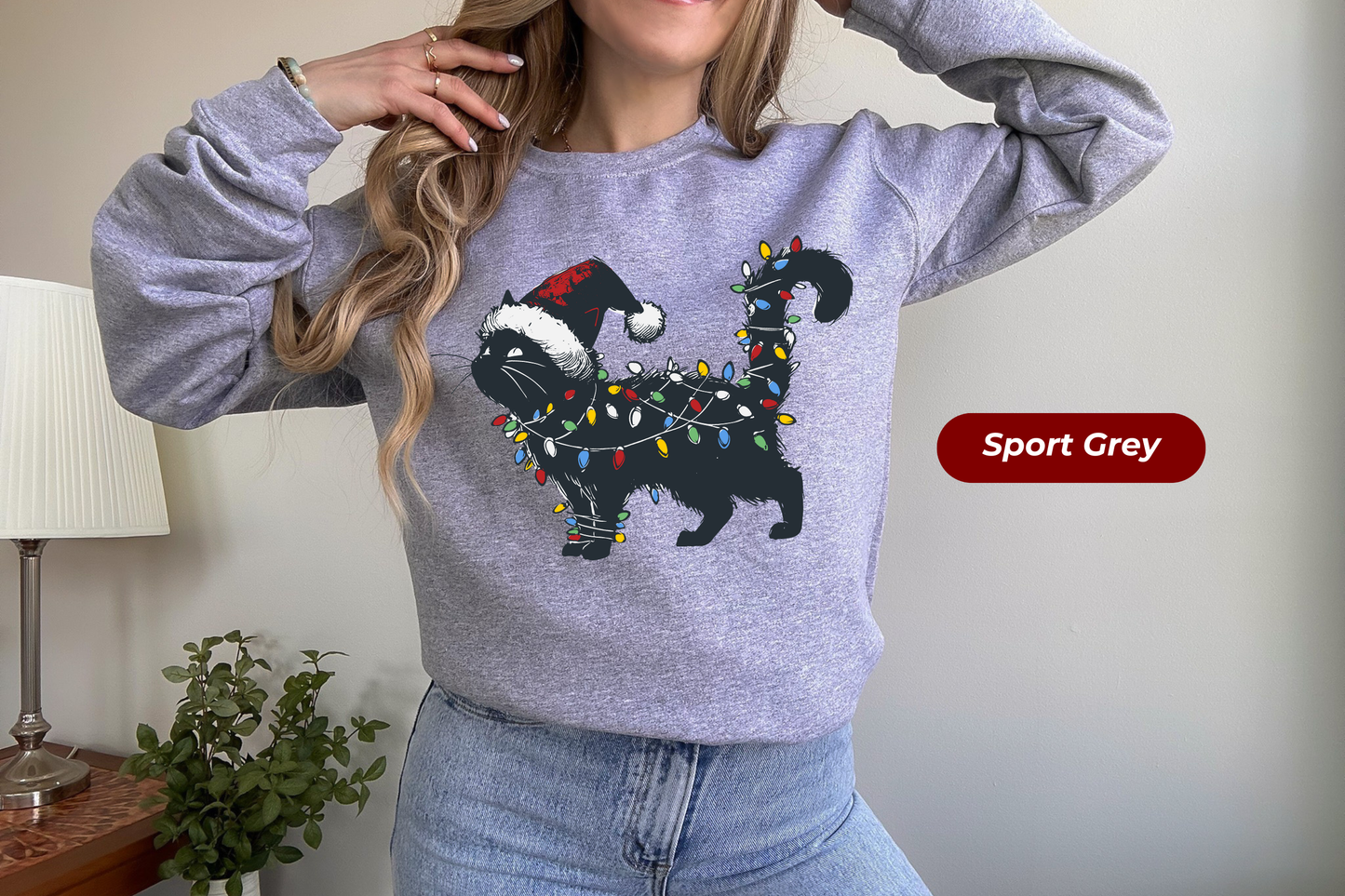 Cat in Christmas Lights Gildan Crewneck Sweatshirt