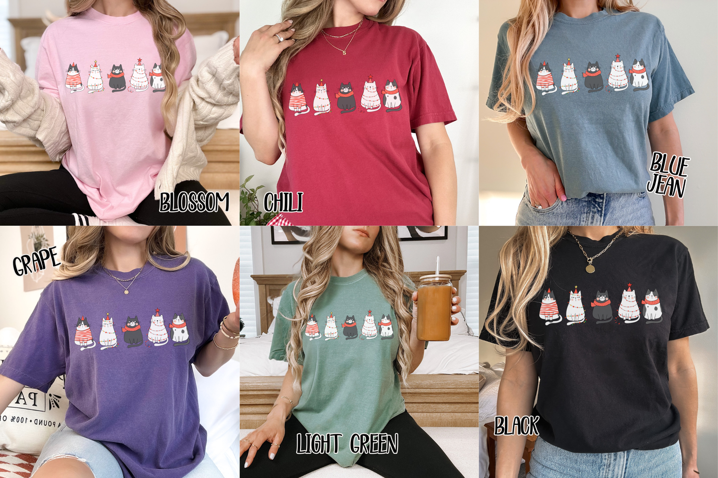 Cartoon Christmas Cats Comfort Colors TShirt